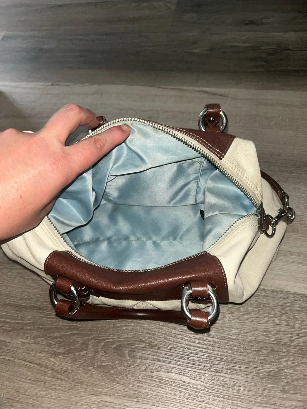 Coach Two-Tone Cream and Brown Leather Satchel with Front Pocket